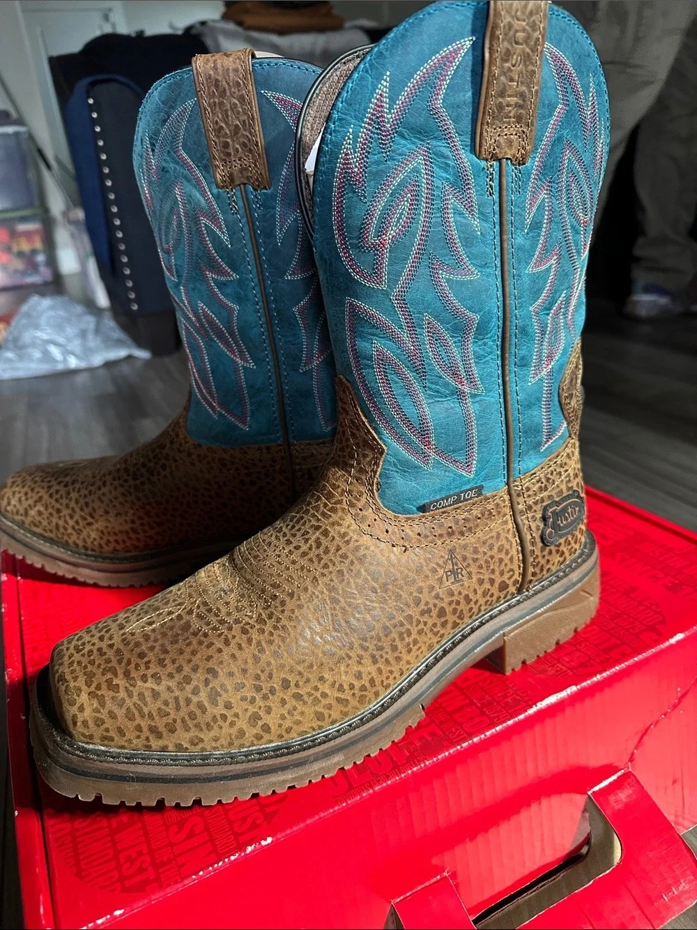 Justin Boots Men's Brown Leopard-Print Foot with Turquoise Shaft Cowboy Boots
